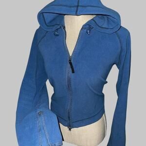 VTG Abercrombie Fitch Y2K Blue Fleece Graphic Hooded Zip Up Jacket Medium Rare